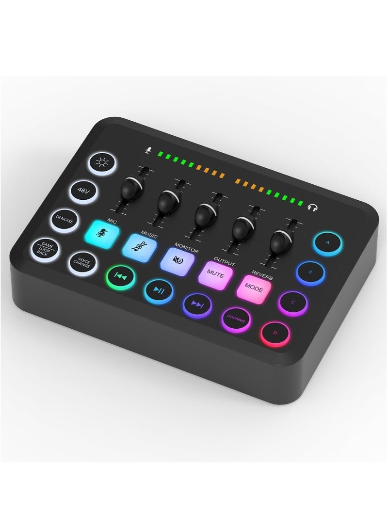 Gaming Audio Mixer, Streaming RGB PC Mixer with XLR Microphone Interface, Individual Control Volume Fader Mute Button 48V Phantom Power for Podcast Recording Vocal Game Voice Black
